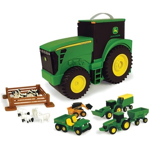 image:imageTOMY John Deere Tractor Toys  Value Set and Carrying Case  Portable TractorShaped Carrying Case with 10 Compartments  Farm Toys  18 Count  3 Years and UpVehicle Toy Set